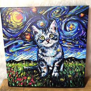 Gray Tabby Kitten Night Van Gogh Style  Canvas Art